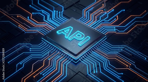 Fototapeta Glowing blue API text integrated onto a central processing unit chip surrounded by complex intricate circuits and vibrant neon pathways