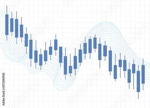 Blue financial candlestick chart with upward trending curve on white background, finance graph