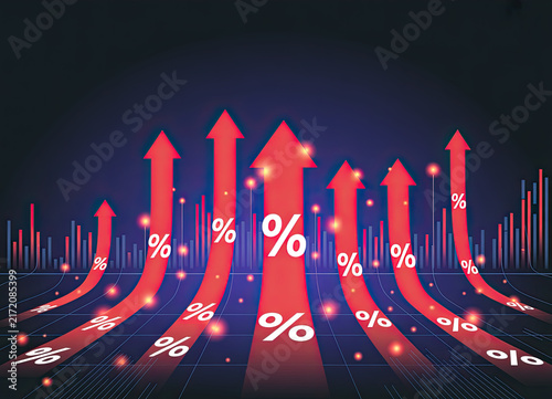Red upward trending arrows over dark blue stock market graph, financial growth concept