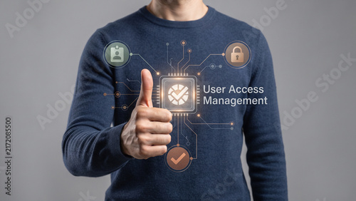 Person giving approval gesture toward user access management text and icons, access control, permission management