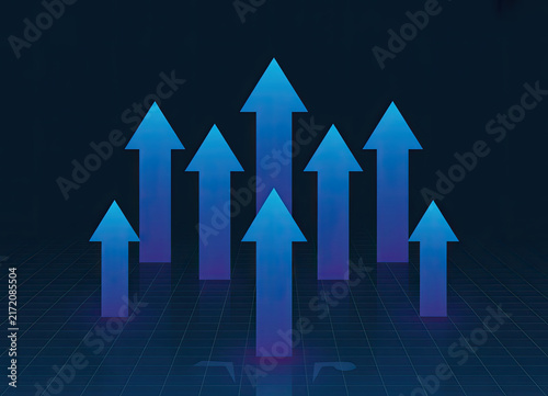 Glowing neon upward arrows in dark gradient background, futuristic
