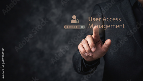 Man touching user access management touchscreen with lock and password icons, access control, permission management
