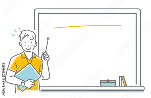 Smiling sports instructor explaining using a whiteboard – simple and stylish line art illustration.