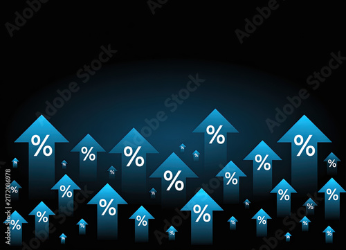 Dark blue gradient background, with white percentage, symbols and geometric shapes