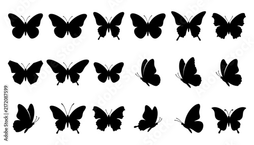 Set of black butterfly silhouettes in various shapes and poses