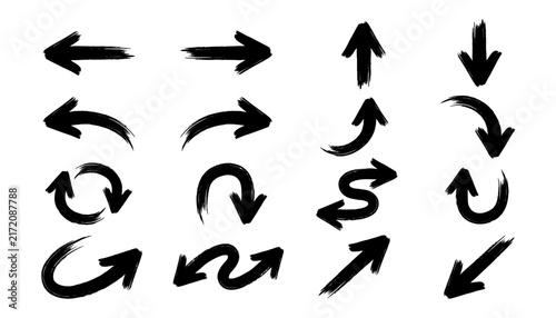 Set of handdrawn black ink brush stroke arrows