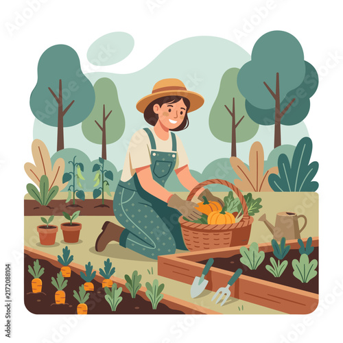 Vector flat design ilustration of a female gardener harvesting vegetables in garden