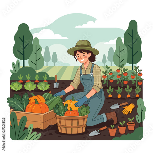Vector flat design ilustration of a smiling female farmer harvesting vegetables in garden