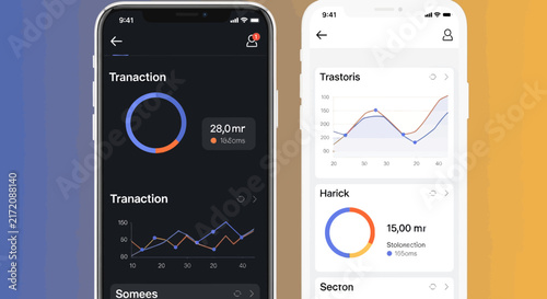 Transaction tracking mobile application interface. Dark mode and light theme smartphone dashboard. Analytics graph and circular progress chart design. Financial app UI kit with statistical data