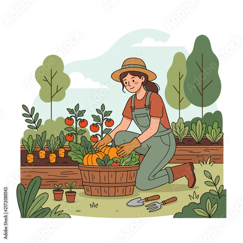Vector flat design ilustration of woman harvesting vegetables in garden