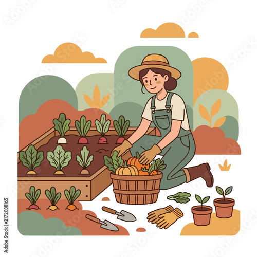 Vector flat design ilustration of woman gardening vegetable farm harvesting crop