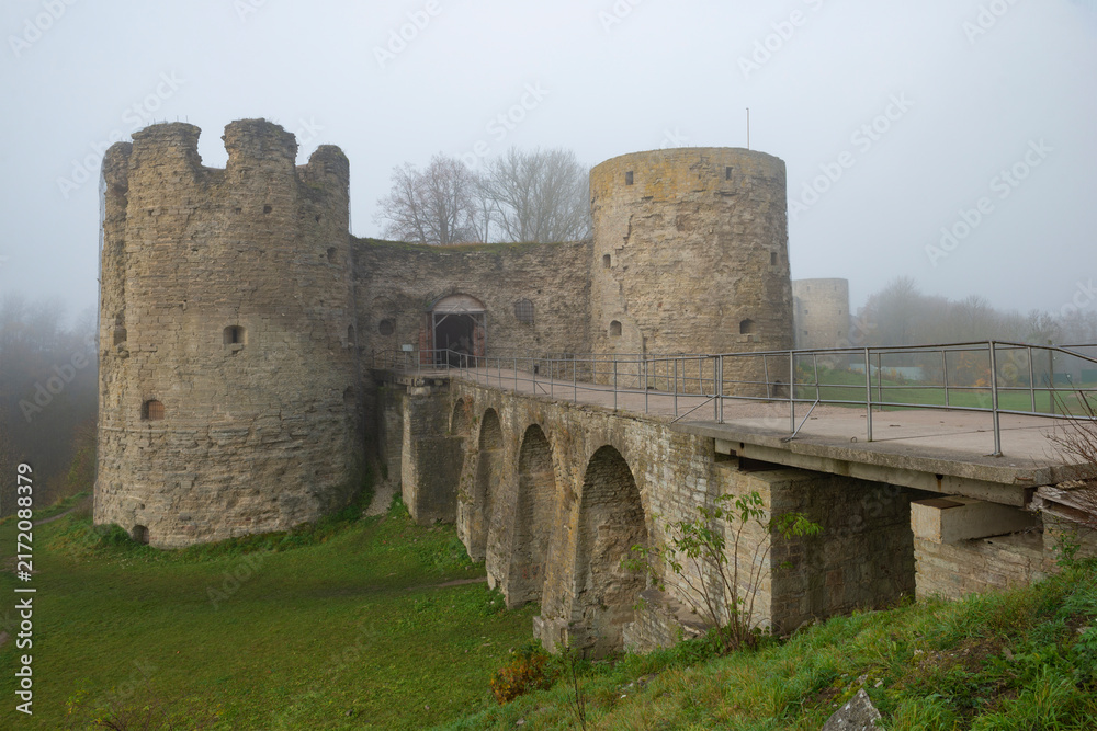 Fototapeta premium The ancient Koporye fortress on a foggy October morning. Leningrad oblast, Russia