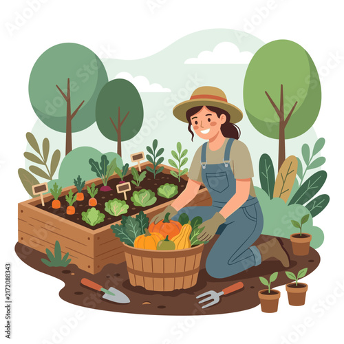 Vector flat design ilustration of a gardener harvesting fresh vegetables in garden
