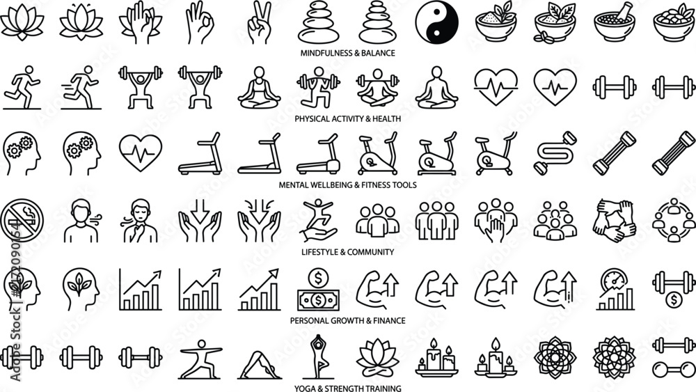 Fototapeta premium Comprehensive wellness and healthy lifestyle line icons set including yoga fitness nutrition mental health and personal growth vectors