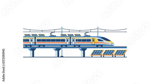 Canvas Print High-Speed Train with Solar Panels on Elevated Track, Sustainable Transport