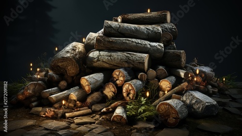 A collection of firewood stacked in a rustic pile with candles burning around it, casting a warm glow on the surrounding vegetation and rocks.