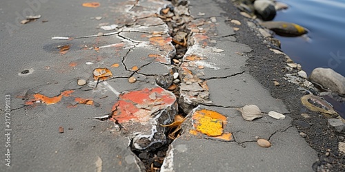 A deep crack in a concrete surface reveals layers of chipped and peeling paint, a testament to time and erosion.