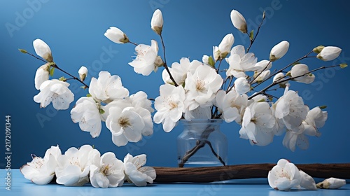 Delicate White Blossoms in a Glass Vase on a Blue Background with a Rustic Branch