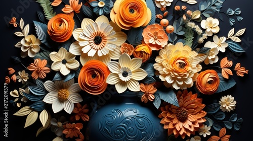 A vibrant arrangement of paper flowers, showcasing delicate petals in shades of orange and white, artfully arranged in a blue vase against a dark background.