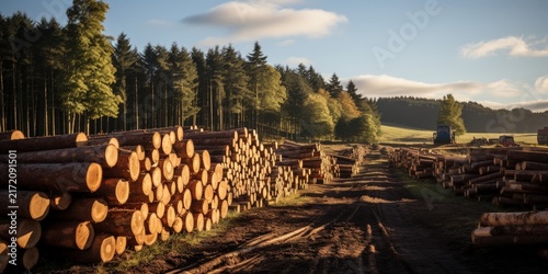A vast field of stacked lumber logs under a clear blue sky,  a testament to the forest's cycle of life and renewal.