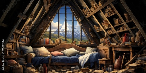 A cozy attic retreat with a view of snow-capped mountains, filled with books and comfortable furniture.