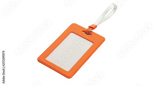 Orange plastic luggage tag or identification badge holder card isolated on transparent background