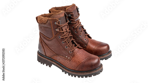 Pair of durable brown leather work boots for safety isolated on transparent background