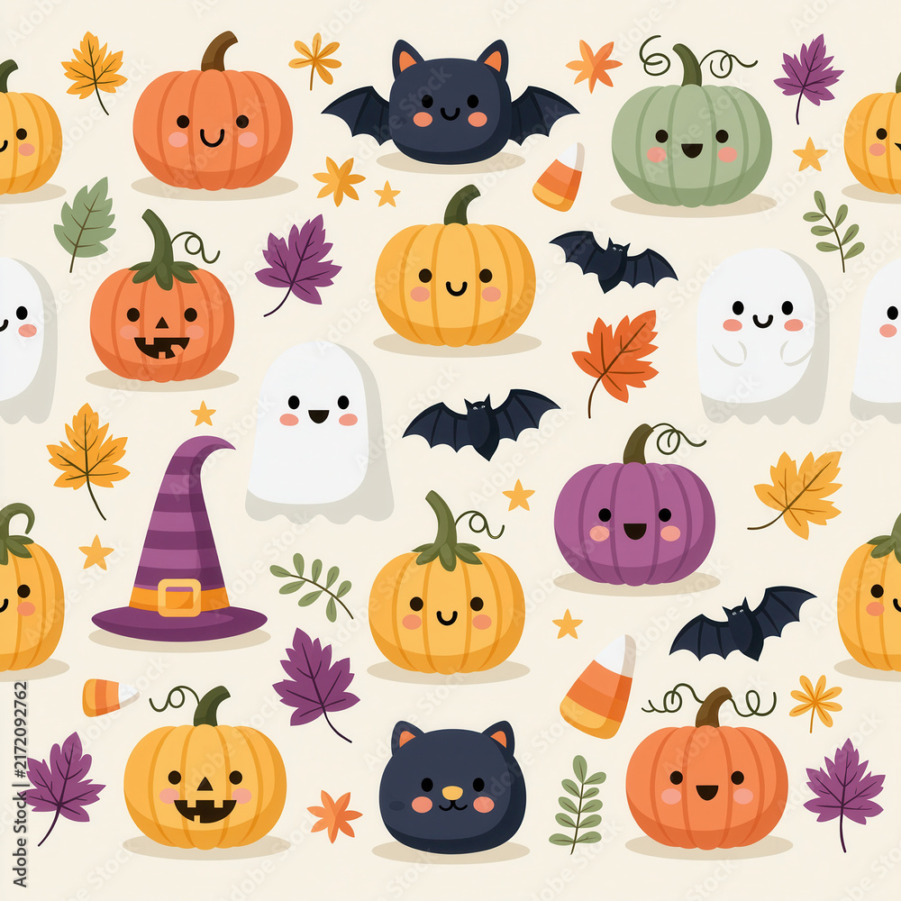 Fototapeta premium Halloween cute pumpkin ghost bat cat candy autumn pattern kawaii cheerful halloween cute pumpkin ghost bat cat candy autumn pattern with smiling face leaf and star cream background seamless