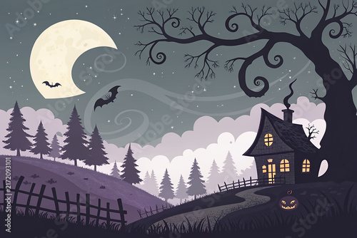 Spooky Halloween night illustration with haunted house, full moon, bats, and dead tree vector background