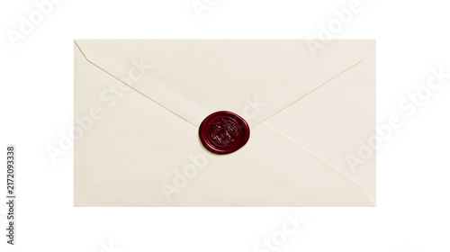 Foto Cream colored envelope sealed with a burgundy wax stamp, isolated on transparent