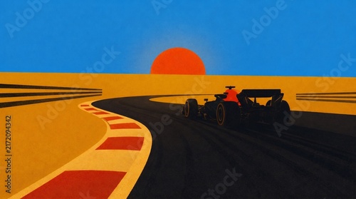 Minimalist retro vector illustration of Formula race car driving on desert circuit at sunset