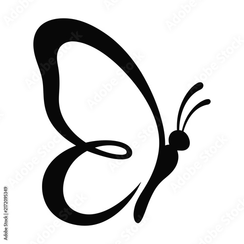 Minimalist black butterfly silhouette logo on white background, simple insect icon design