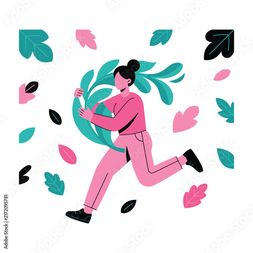 Woman Running With Leaves In Pink Outfit