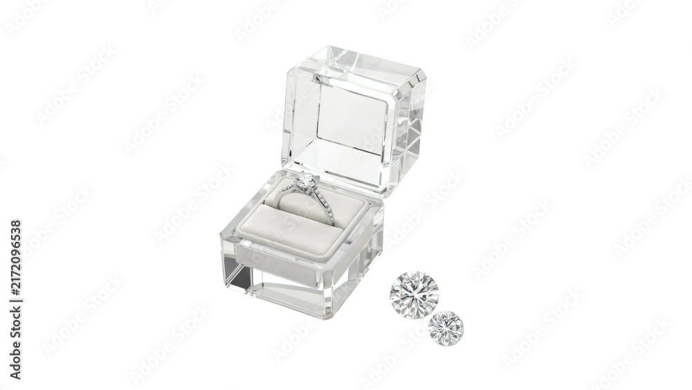 Fototapeta premium Elegant Diamond Engagement Ring Placed Inside a Clear Transparent Luxury Gift Box Accompanied by Loose Brilliant Cut Gemstones for Proposal