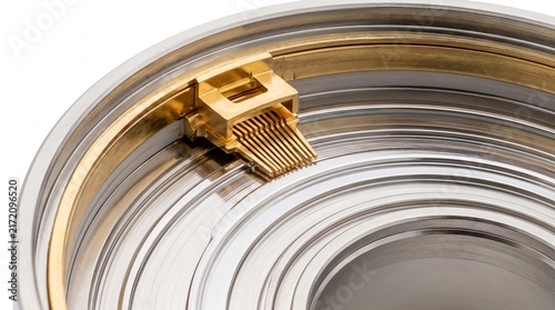 Coaxial RF rotary joint slip ring. Micro-machined gold-plated beryllium copper brush and silver-plated track. Precision antenna tracking hardware for aerospace telecommunications.