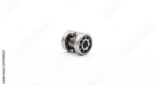 Satellite solar array deployment hinge joint. Micro-machined titanium knuckle, torsion spring, and ceramic bearings. Precision orbital aerospace hardware. Isolated on white background.