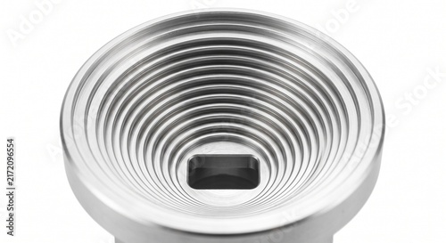 Ku-band satellite LNB feed horn interior. Micro-machined aluminum corrugated choke rings for microwave receiving hardware. Precision aerospace engineering component isolated on white.