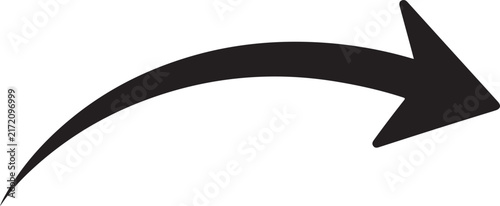 Curved black arrow vector icon, hand drawn style directional pointer, minimalist arching arrow for navigation and flow