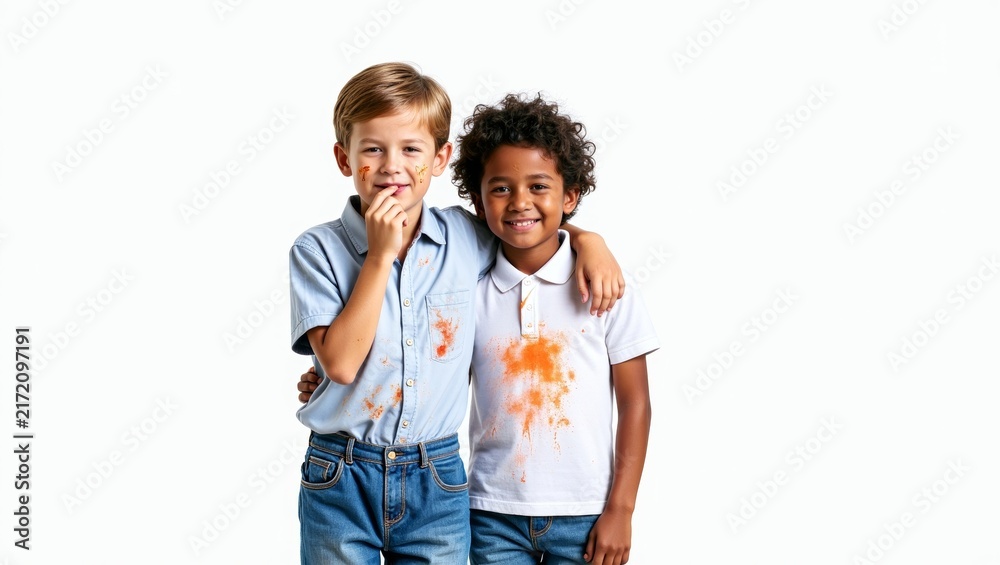 Fototapeta premium Two cheerful boys, one resting a hand on the other's shoulder, posing side by side with splashes of paint on their faces and outfits