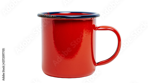 Shiny red enamel camping mug with dark blue rim, isolated on transparent background