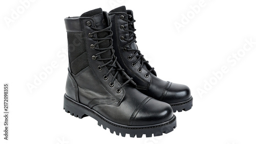Foto Pair of black leather military combat tactical boots isolated on transparent bac
