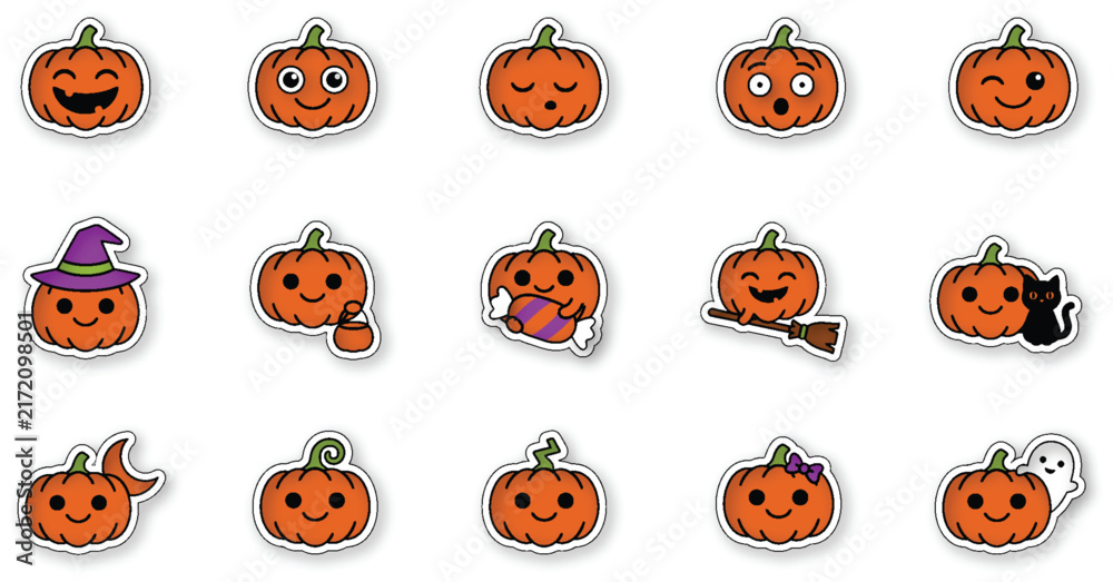 Fototapeta premium Cute Halloween Pumpkin Sticker Set with Jack O Lantern Characters