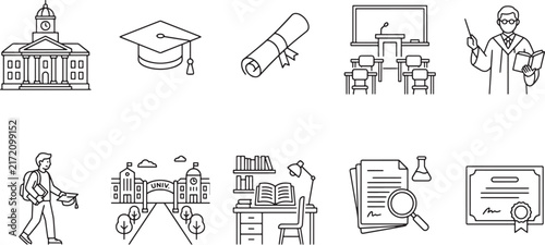 University Education Line Icons Set, Academic Campus Outline Vector Collection for Graduation, Professor, Research, Lecture and Student Design