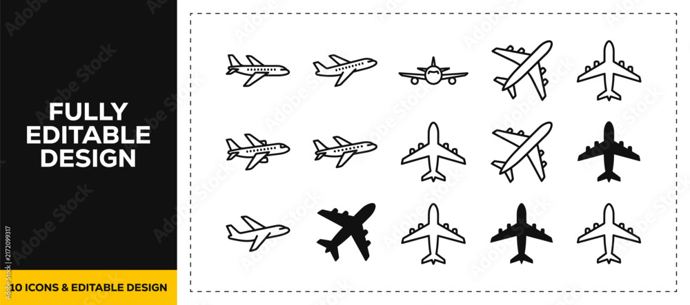 Fototapeta premium flat vector illustration line art icon bundle set design showcasing aviation airplanes flight patterns and global transport symbols for international travel and shipping ui