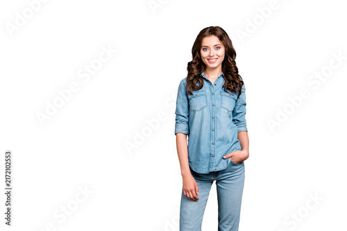 Canvastavla Nice cute cheerful attractive adorable girl with wavy hair in casual denim shirt