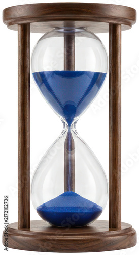 Foto Wooden hourglass with flowing blue sand.