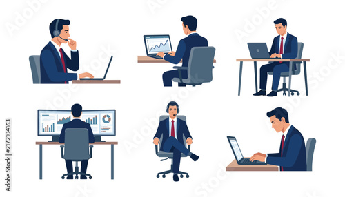 Businessman character set in various office working poses using laptop computers headsets analyzing financial charts and monitoring data vector