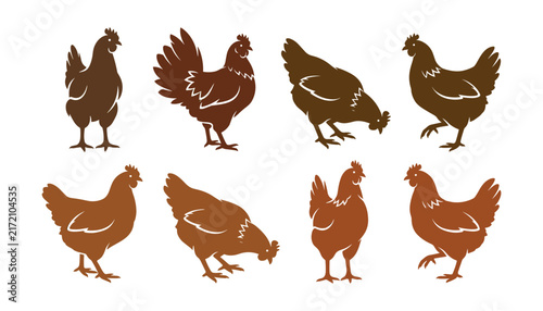 Chicken hen silhouette vector character set for farm market and fresh organic poultry food packaging logo design isolated