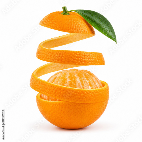 Creative Spiral Orange Peel Revealing Fresh Citrus Fruit on White Background