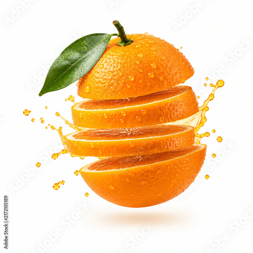Fresh Orange Slices with Dynamic Citrus Splash Isolated on White Background